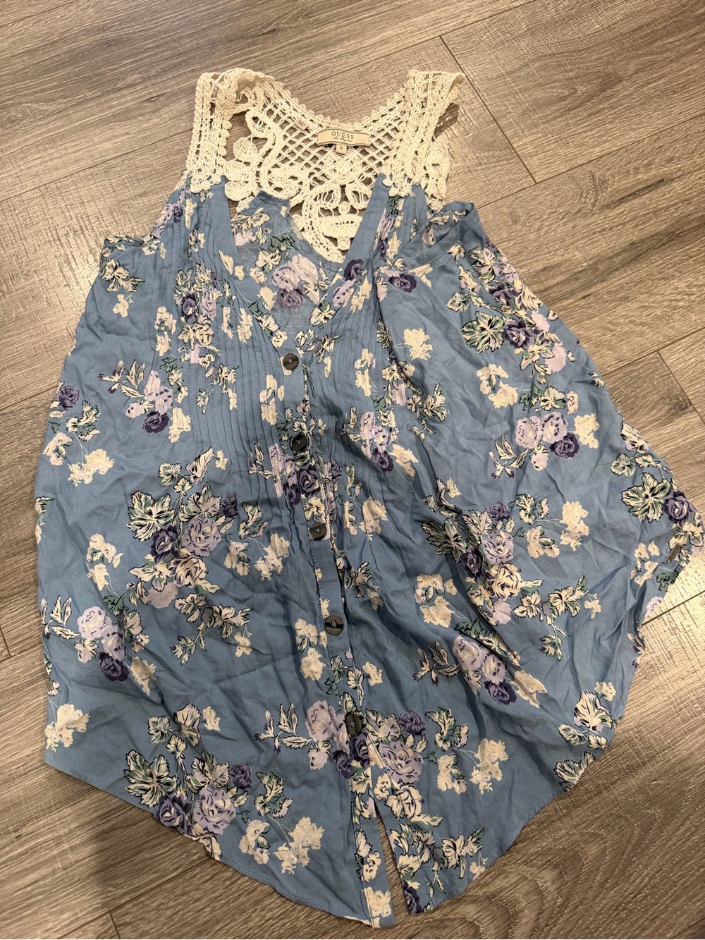 Guess Blue Floral Crochet-Yoke Camisole